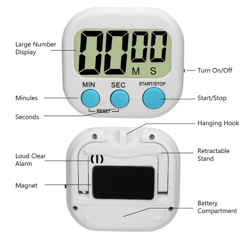 White digital kitchen timer diagram: large LCD, buttons, hanging hook, magnet, stand, battery compartment