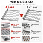 Roll-up dish drying rack comparison panel showing gray silicone-coated, non-slip slats