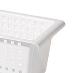 White hanging storage basket with perforated panels and rounded edge