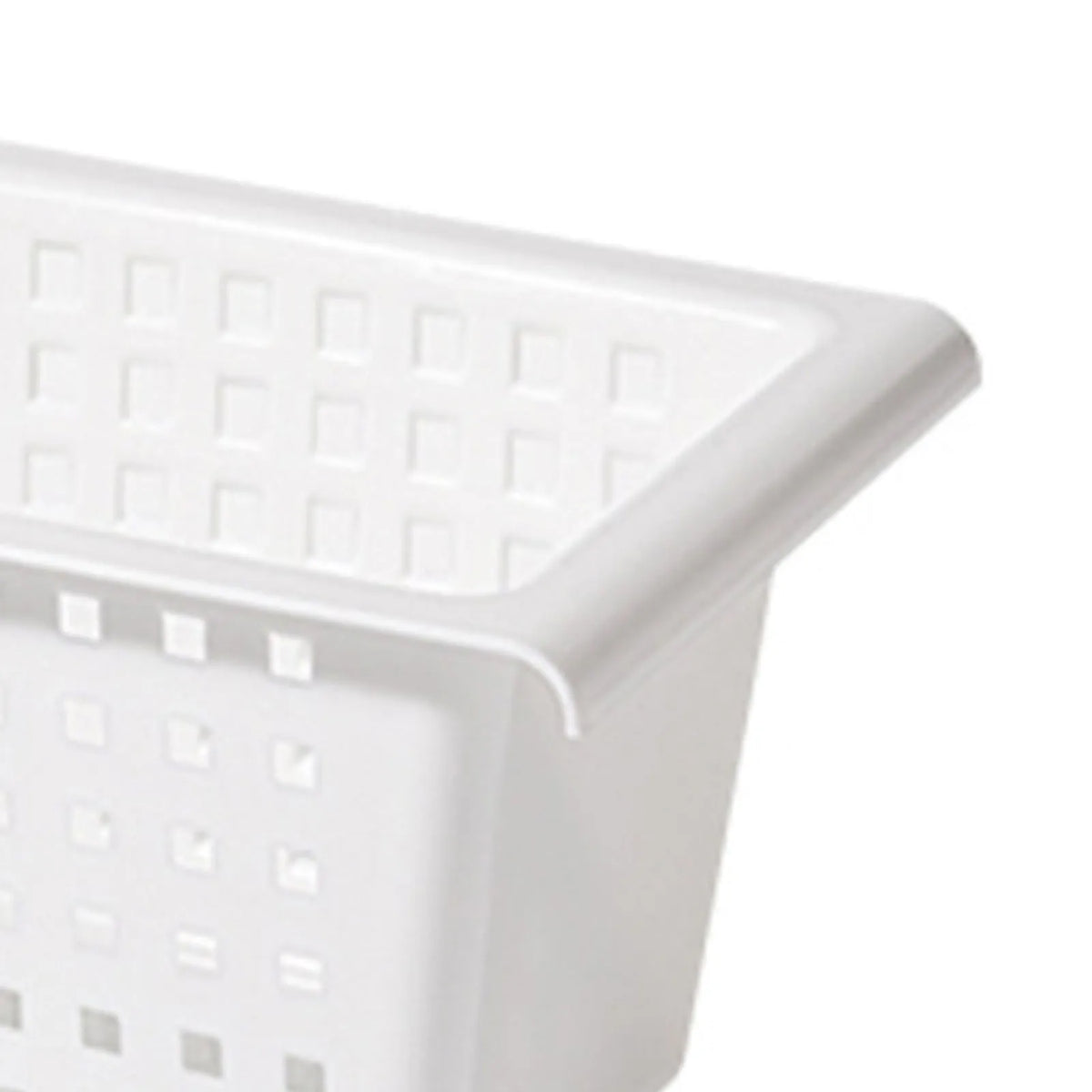 White hanging storage basket with perforated panels and rounded edge