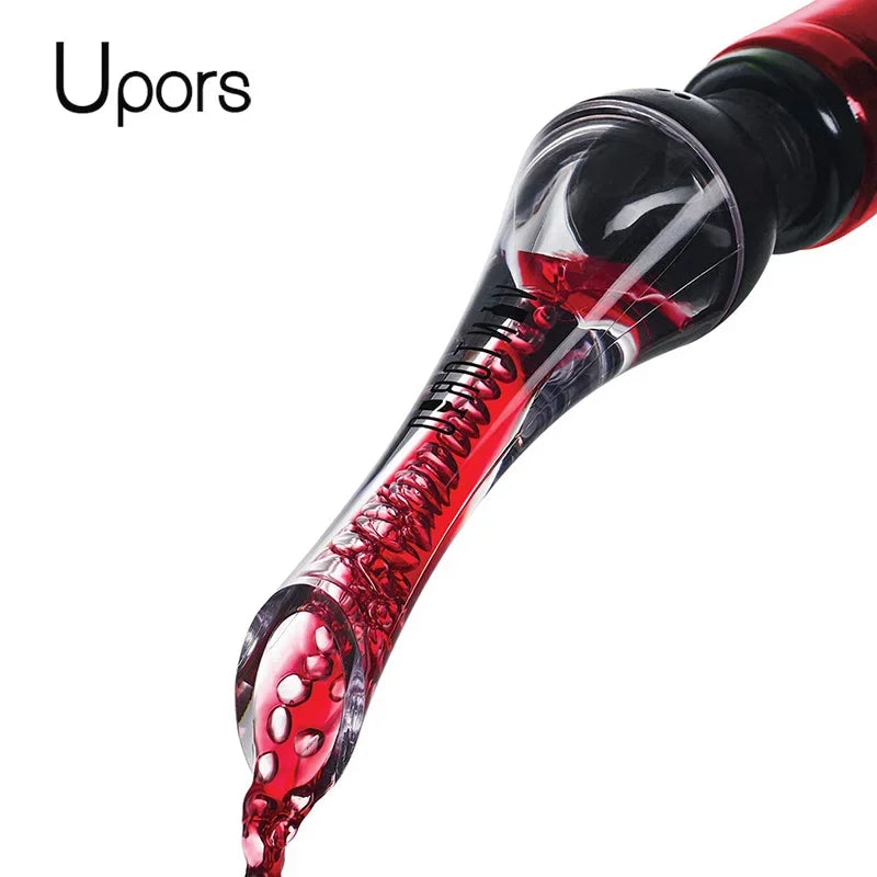 Wine aerator pourer spout with clear tube and black connector, red wine flow through