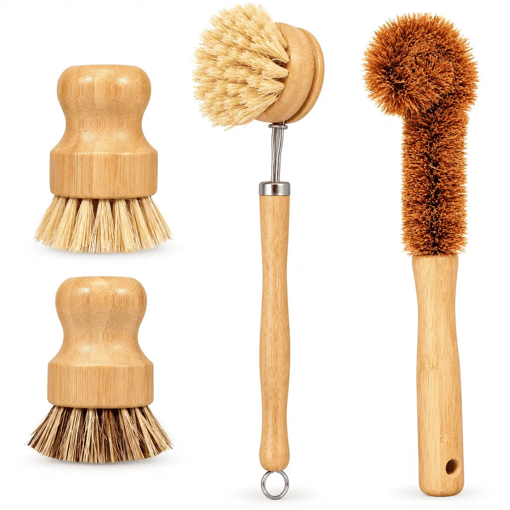 Dish scrub brush set with short scrubbers, sisal long brush, and replaceable head