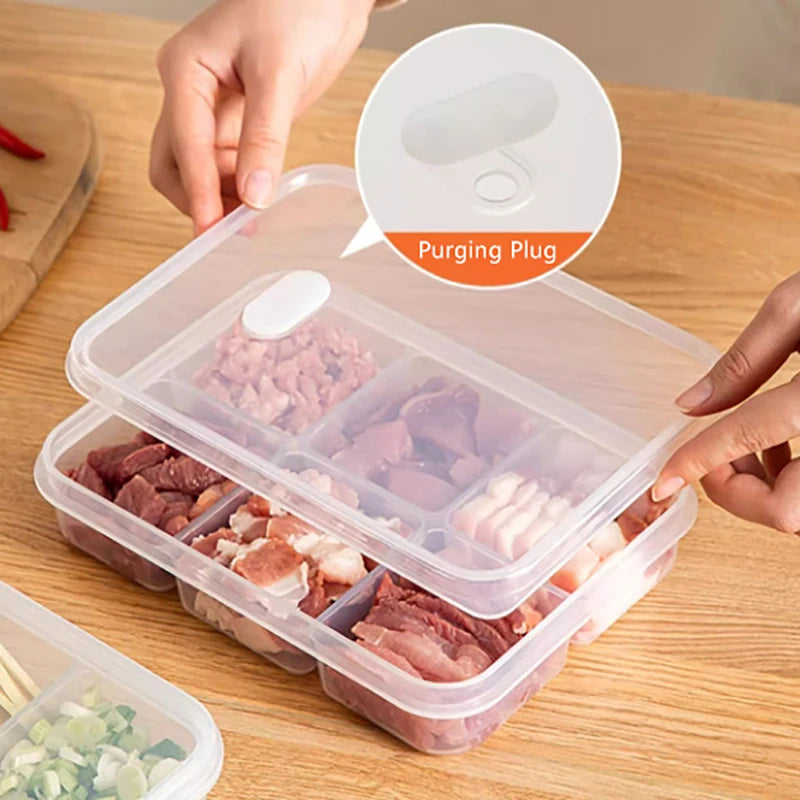 Clear multi-compartment refrigerator food storage box with hinged lid and purge plug