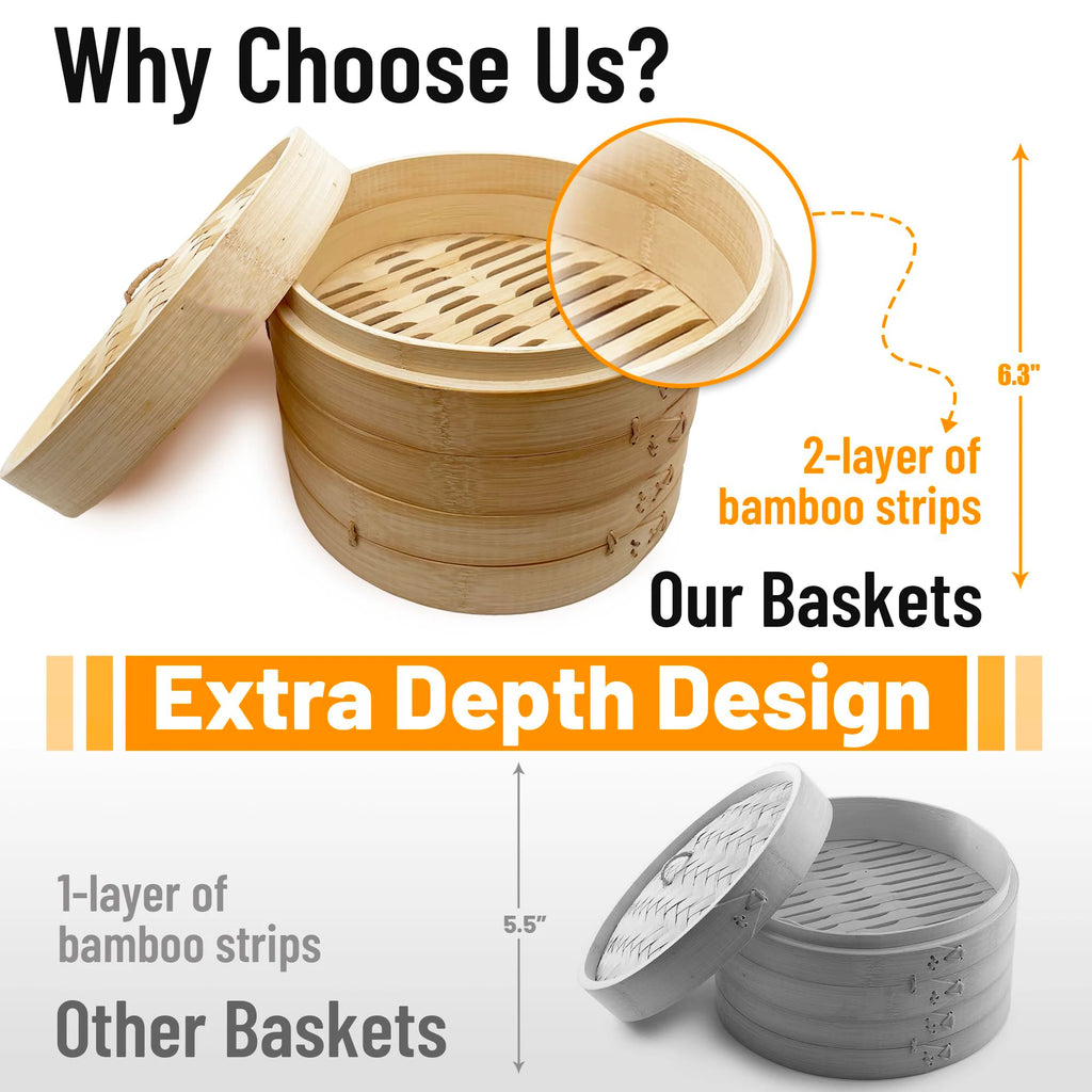 Natural bamboo steamer basket with lid, two-tier round design, bamboo strip construction