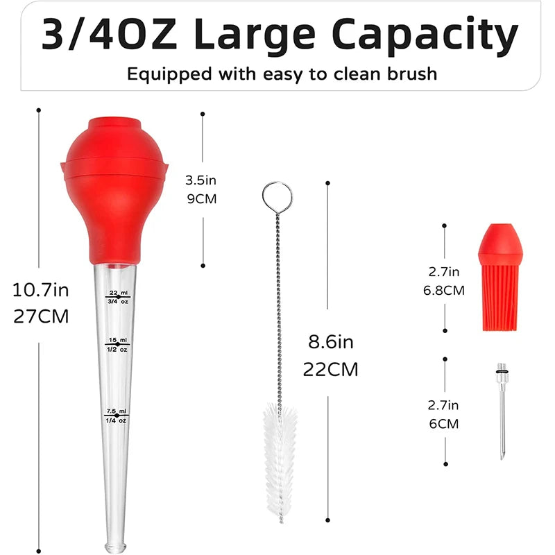 Red marinade injector set with silicone brush and measuring needle, with size indicators