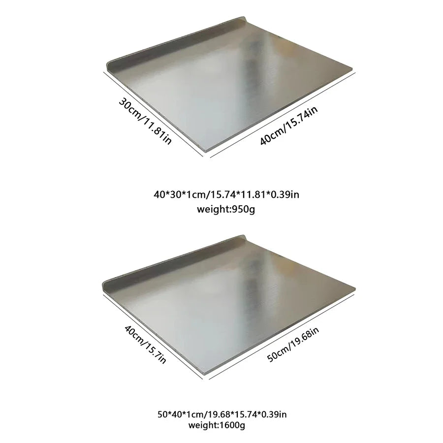 Brushed stainless steel pastry and cutting boards, two sizes shown