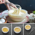 Stainless steel balloon whisk beating thick batter in a bowl, loop handle visible