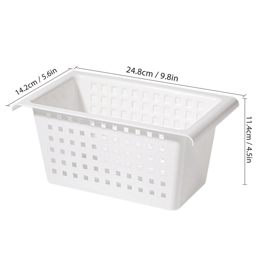 White rectangular under-sink hanging storage basket with dotted ventilation holes