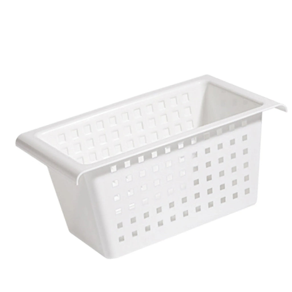 White rectangular hanging storage basket with open inner compartment and rails