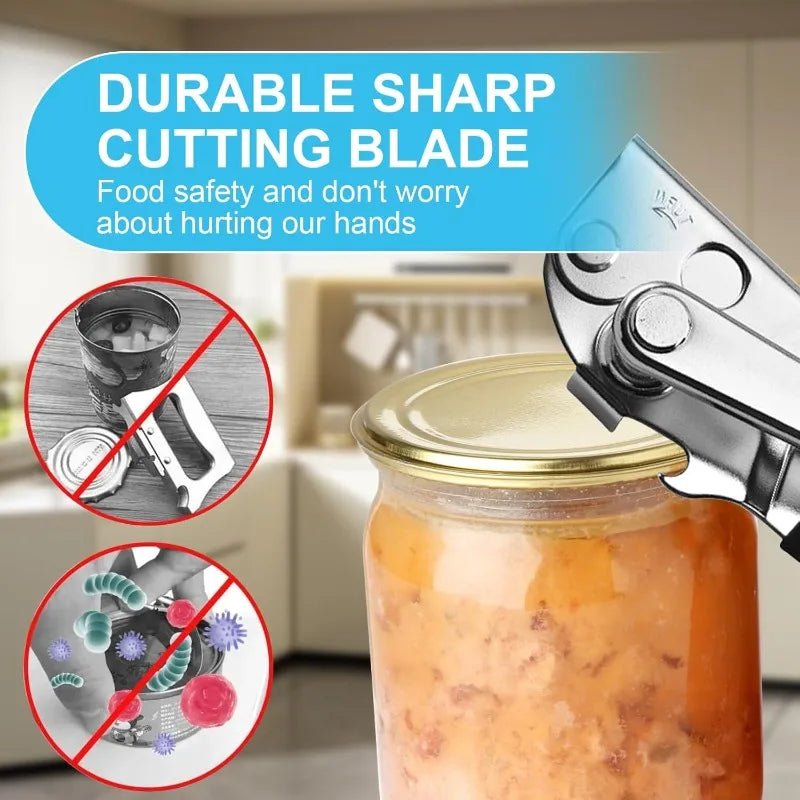 Manual can opener applying cutting blade to jar lid; chrome head and black handle