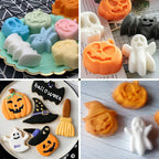 Assorted color silicone Halloween molds with pumpkin, bat, ghost, and skull shapes
