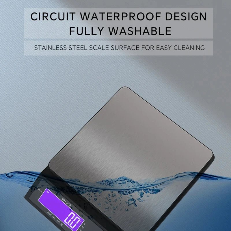 Waterproof digital kitchen scale with stainless steel platform and purple LCD display