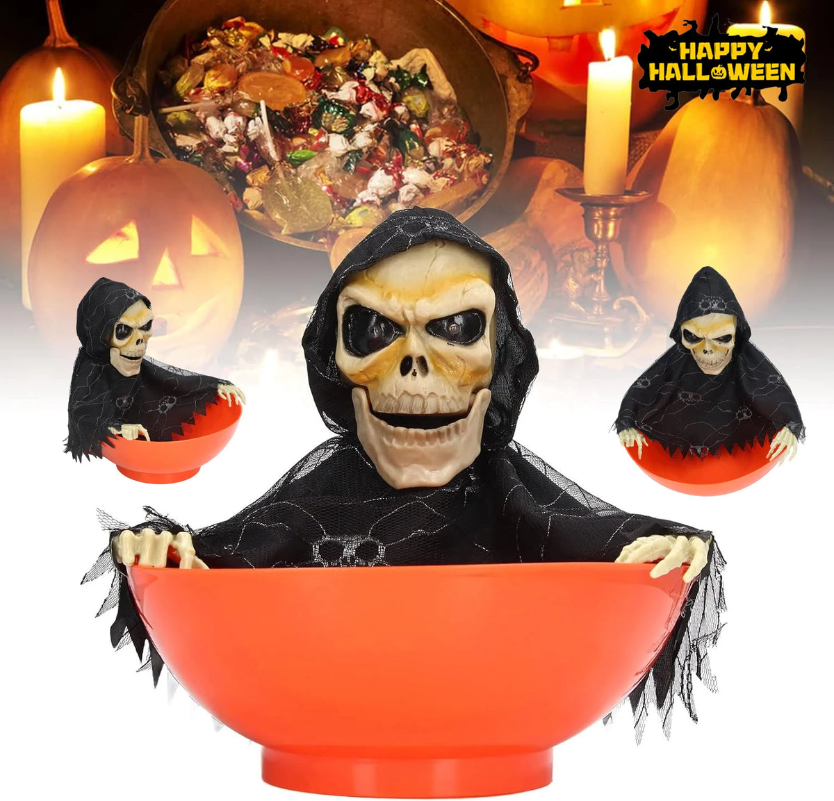 Orange glowing skull bowl haunted prop with hooded skeleton and black webbed poncho