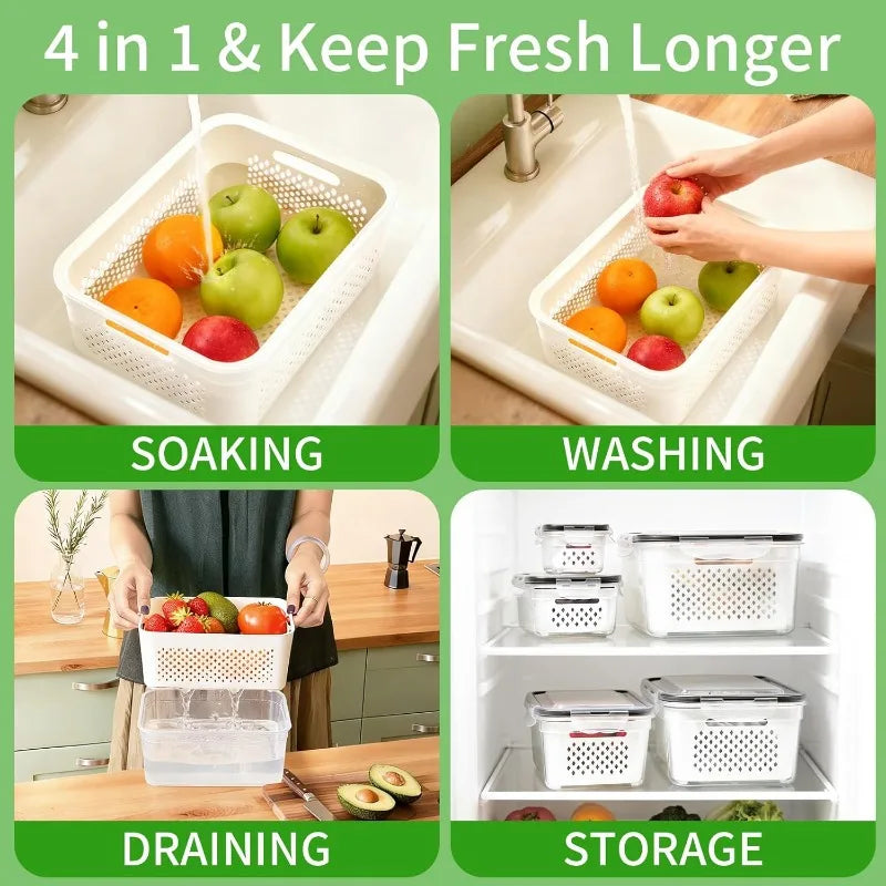 Produce storage container system with removable colander for soaking, draining, and storing