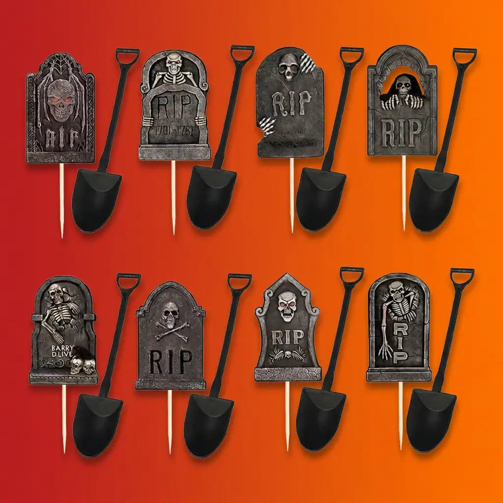 Halloween RIP tombstone and shovel food picks with skull and skeleton designs on orange-red gradient background.