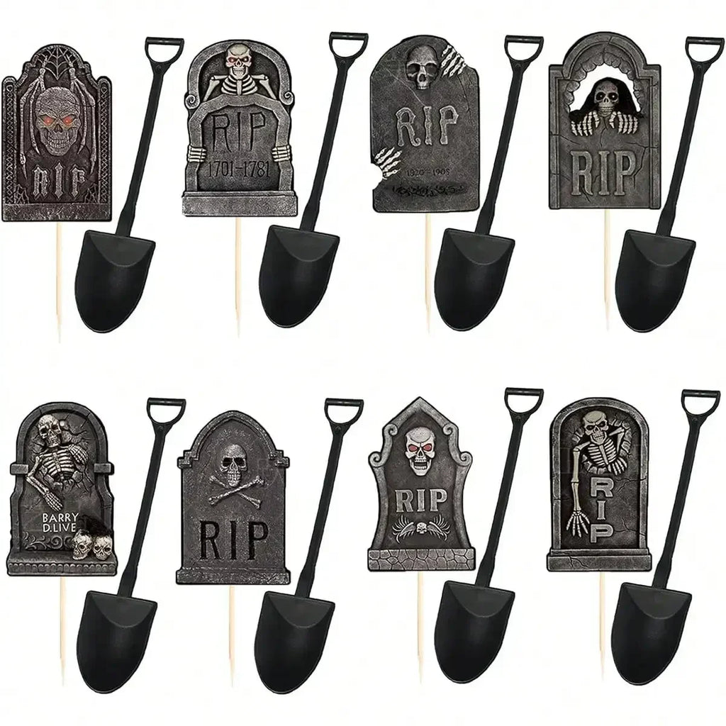 Black RIP tombstone cupcake toppers with shovel picks on sticks, graveyard icons