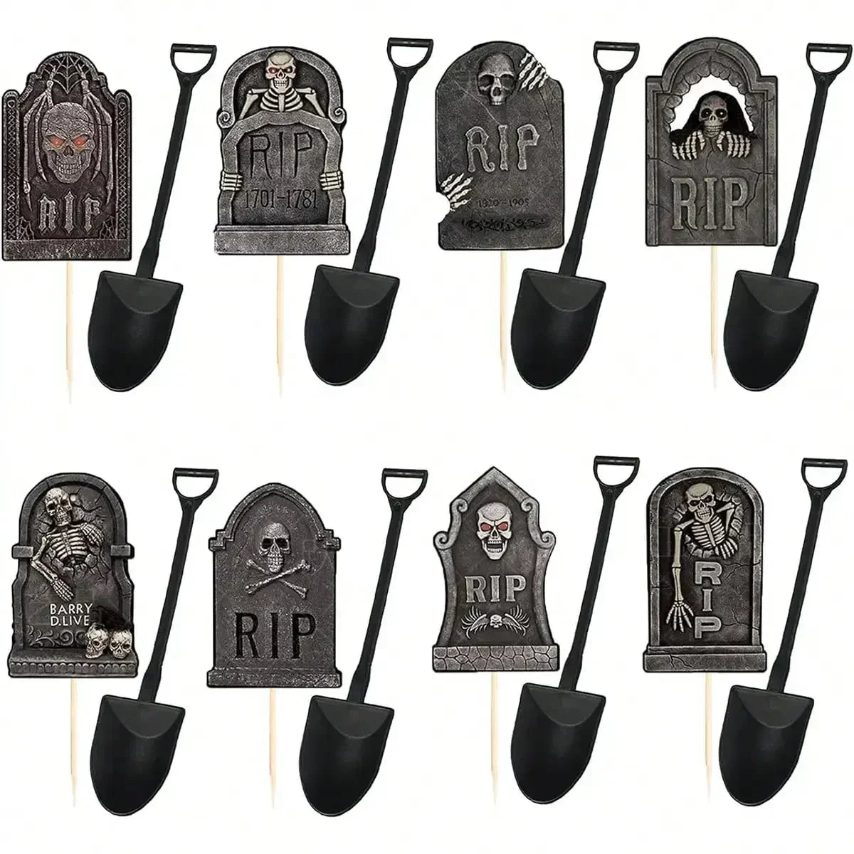 Black RIP tombstone cupcake toppers with shovel picks on sticks, graveyard icons