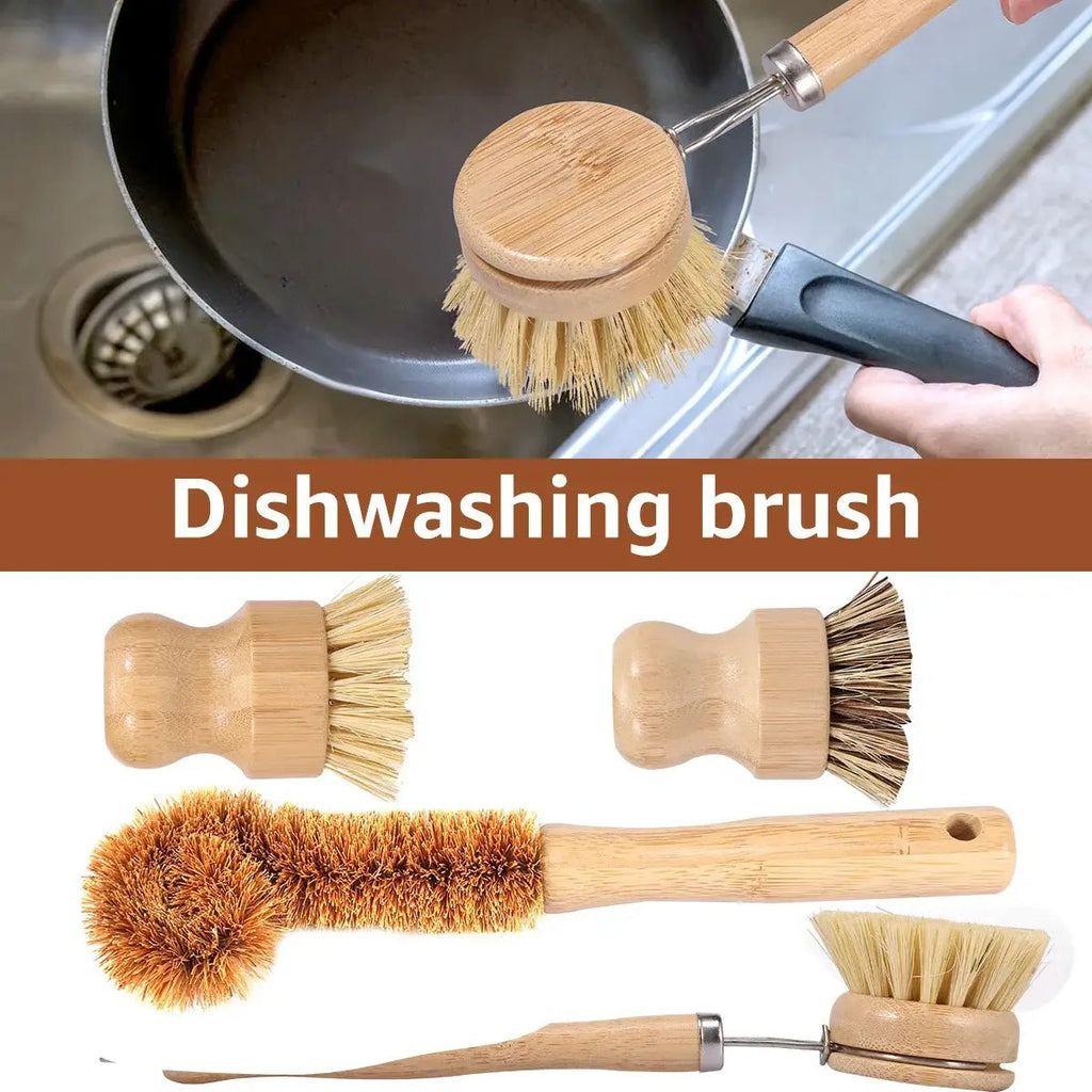 Dishwashing brushes with wooden handles, round scrub heads, and natural bristles