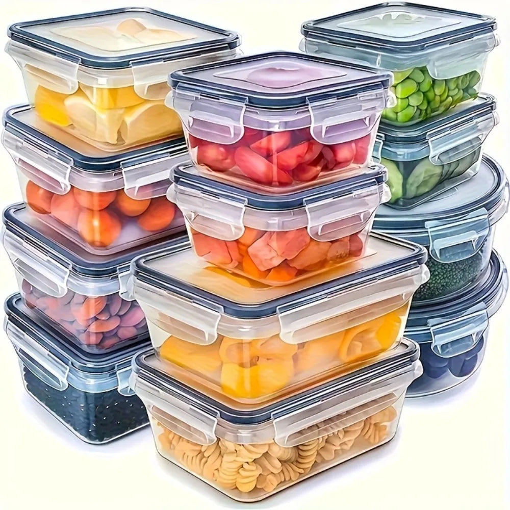 8-piece airtight food storage container set with snap-lock lids, clear bins with mixed contents