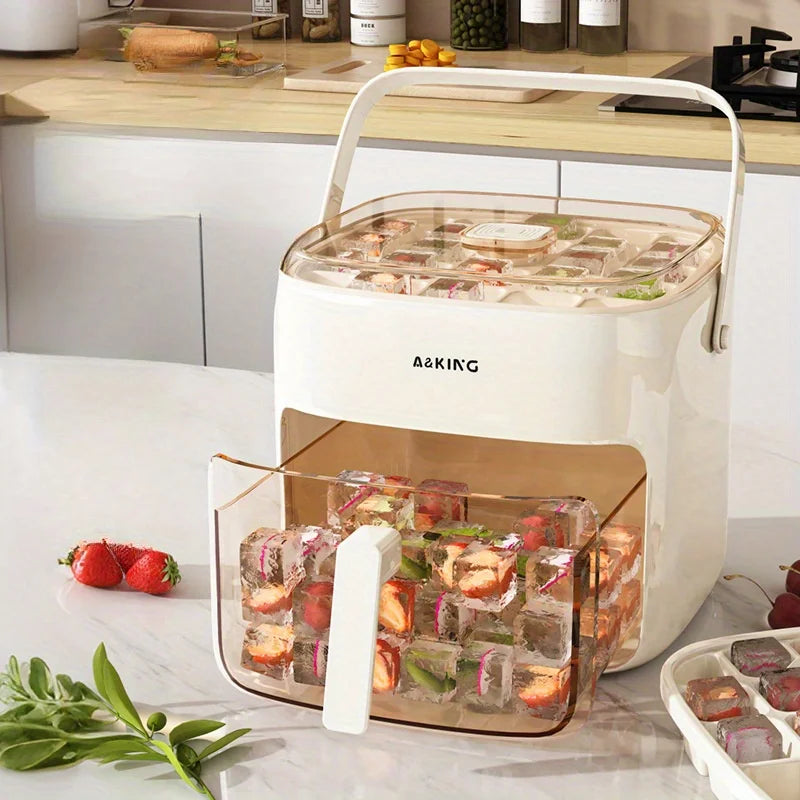 One-press ice cube maker with open pull-out drawer filled with mixed-color ice cubes