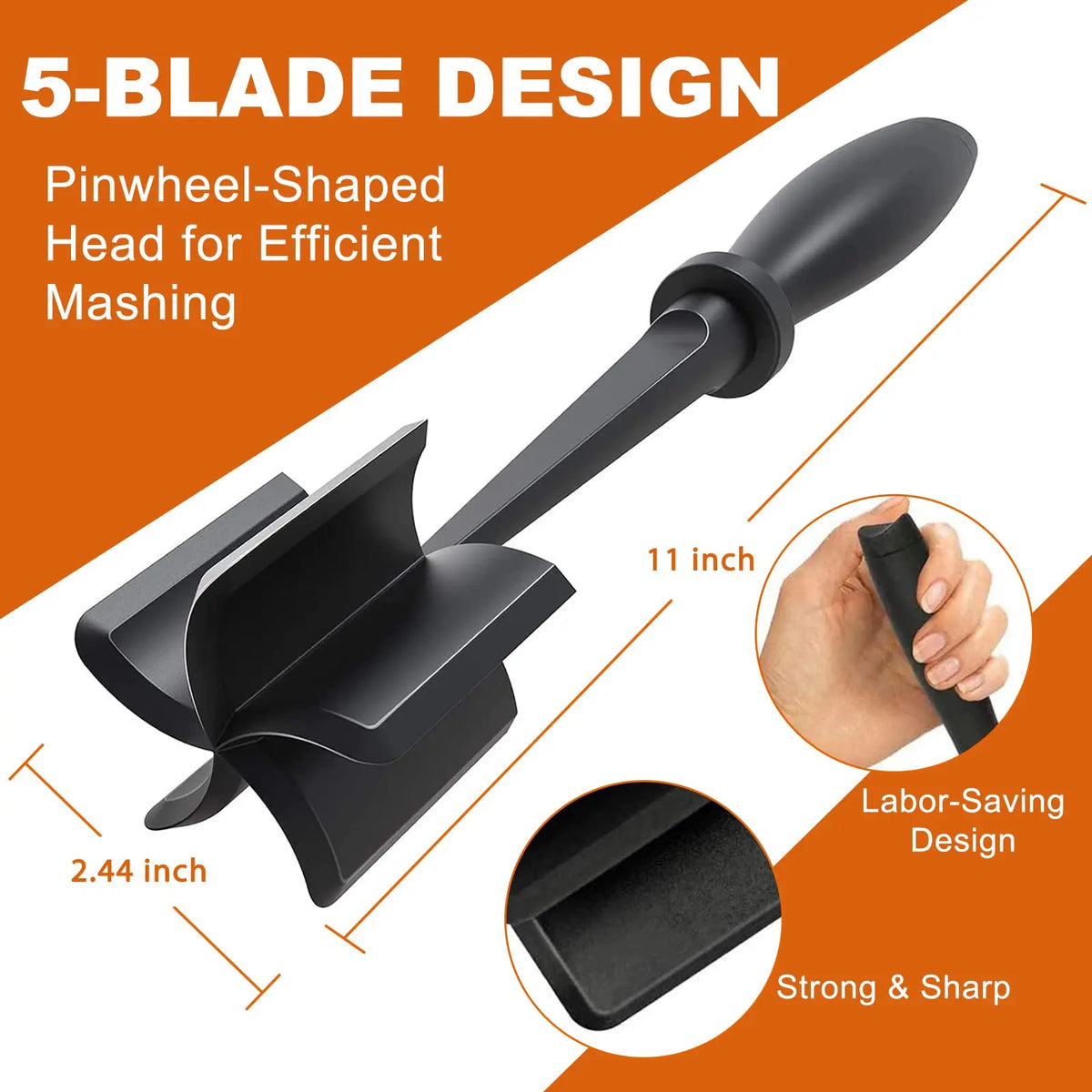Black 5-blade meat chopper with pinwheel-shaped mashing head