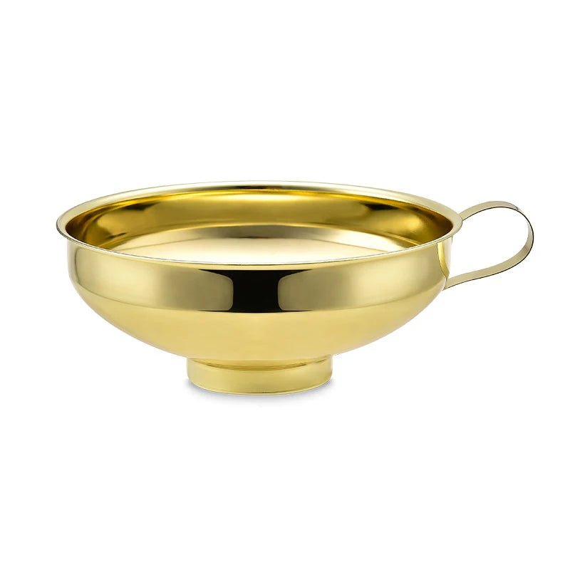 Gold stainless steel canning funnel with side handle, wide bowl and round opening