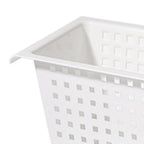 White storage basket corner with perforated side pattern and angled rim