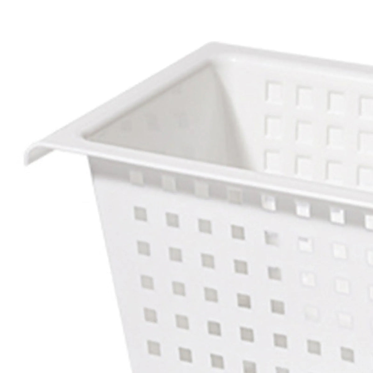 White storage basket corner with perforated side pattern and angled rim