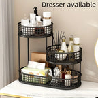 Black multi-tier round organizer rack with three wire baskets for kitchen supplies