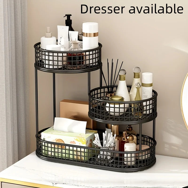 Black multi-tier round organizer rack with three wire baskets for kitchen supplies
