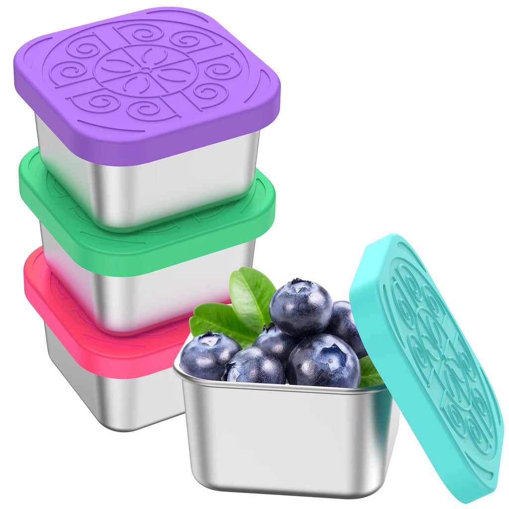 Stacked stainless snack cups with purple, green, red, and teal embossed silicone lids