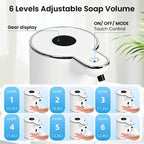 White touchless automatic soap dispenser with black top nozzle and touch control panel