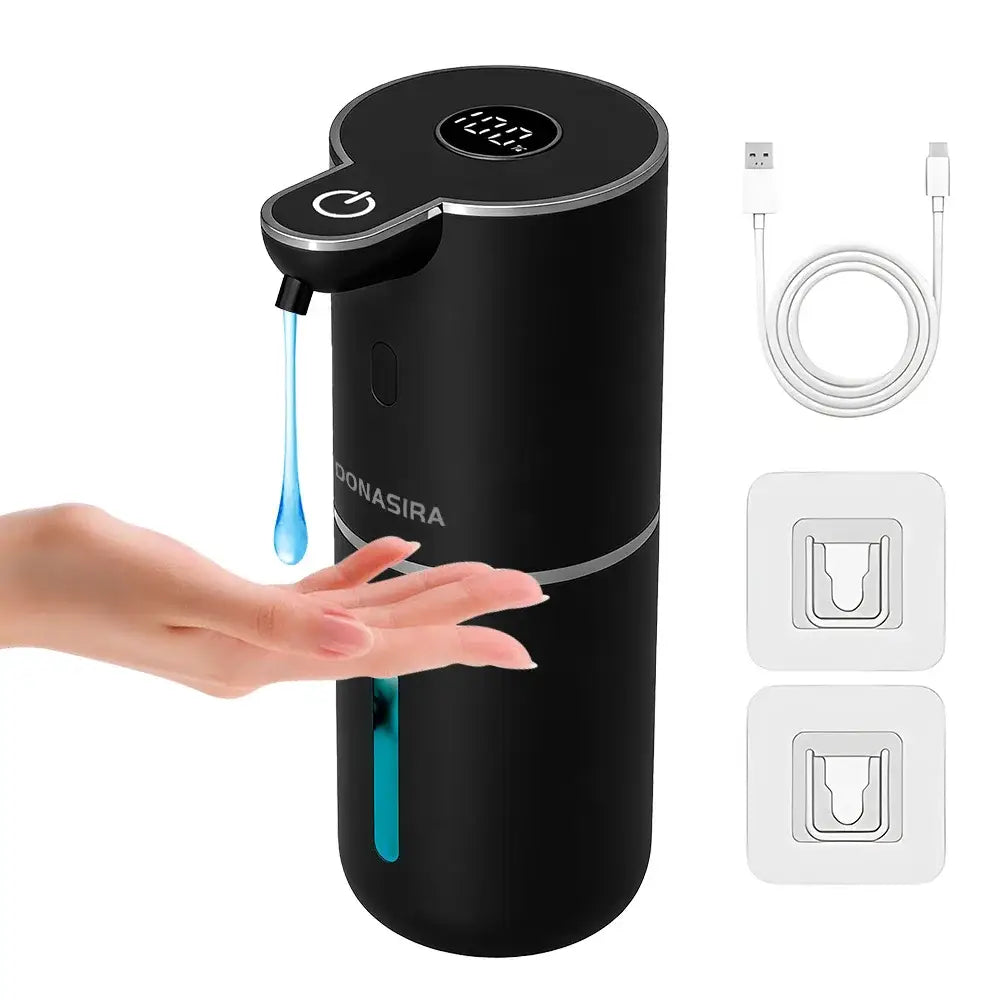 Black touchless automatic soap sanitizer dispenser with glowing soap stream feature