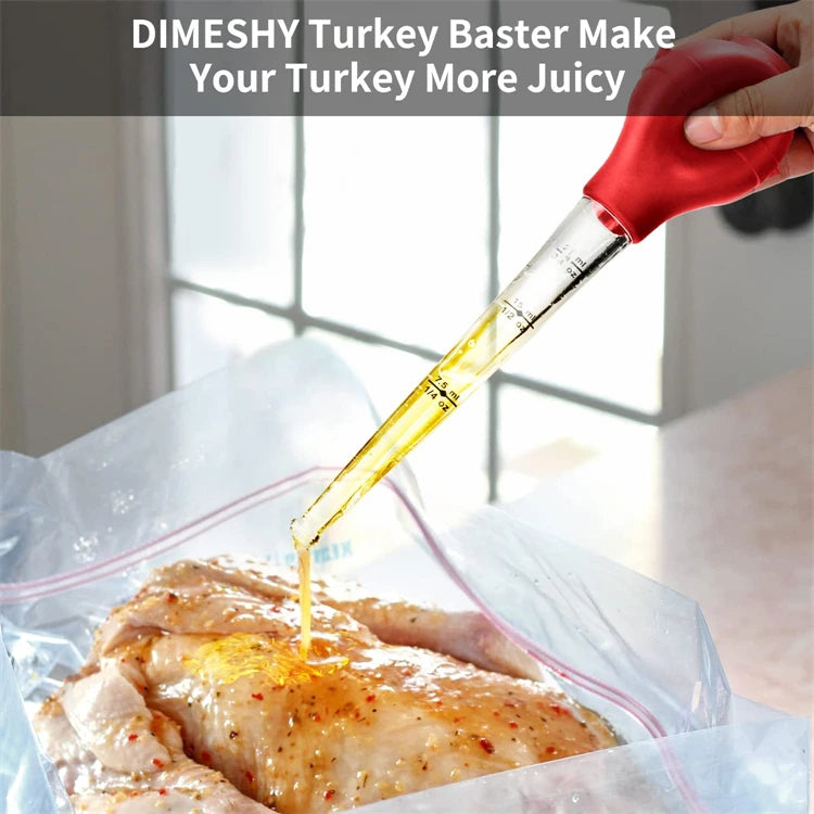 Red-handled meat injector injecting marinade into cooked turkey in a roasting bag