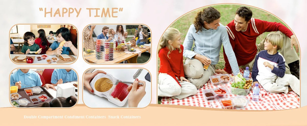 Reusable double-compartment snack containers with secure lids for on-the-go portioning