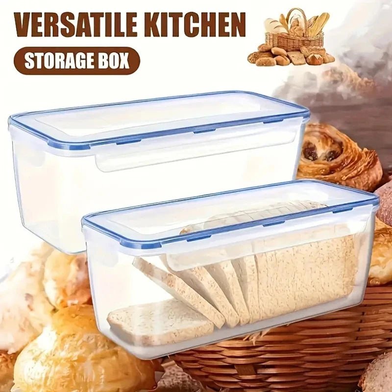 Clear plastic airtight bread storage box with blue lid, stacked with sliced loaves