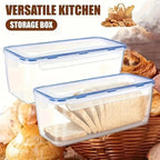Clear plastic airtight bread storage box with blue lid, stacked with sliced loaves