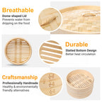 Natural bamboo steamer basket with dome lid; ventilated base and steam-vented lid