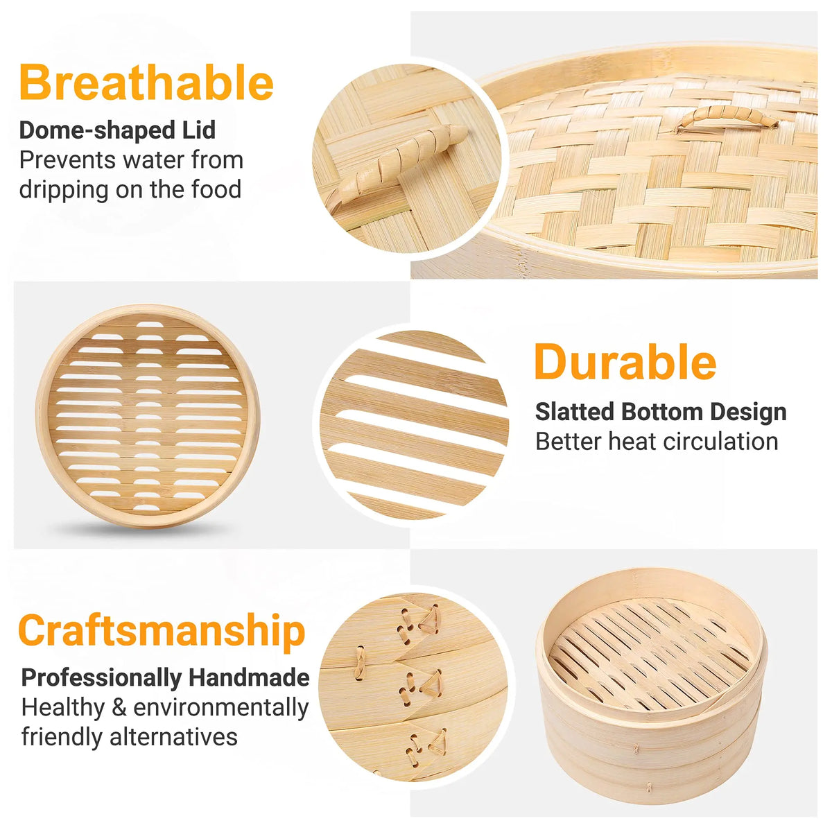 Natural bamboo steamer basket with dome lid; ventilated base and steam-vented lid
