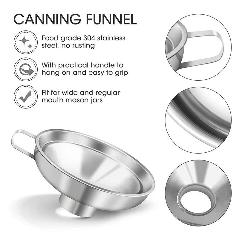 Stainless steel canning funnel with handle, shown with fit and detail circles