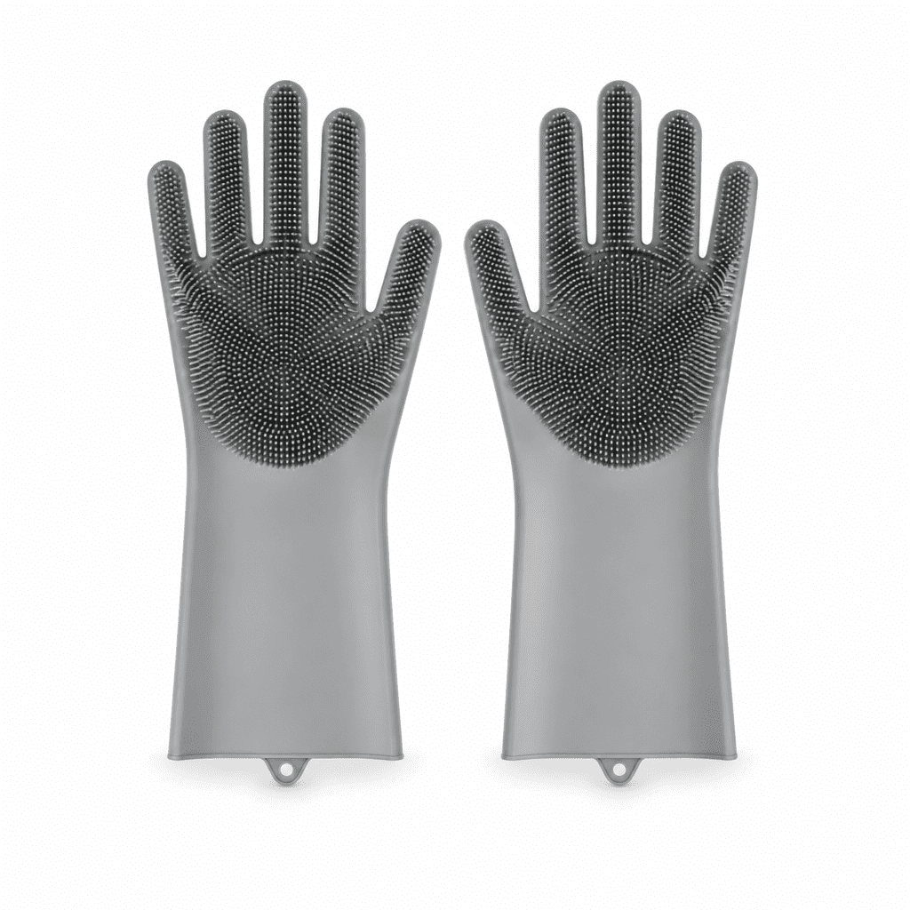 Light gray silicone dishwashing scrubber gloves with raised dot scrubbing surface, pair