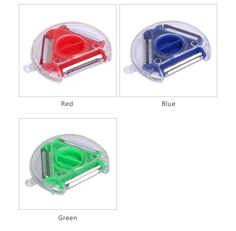 3-in-1 rotary vegetable peeler showing red, blue, and green color options