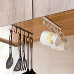 Under-cabinet 6-hook mug hanger with hooks holding cups, black and white rack