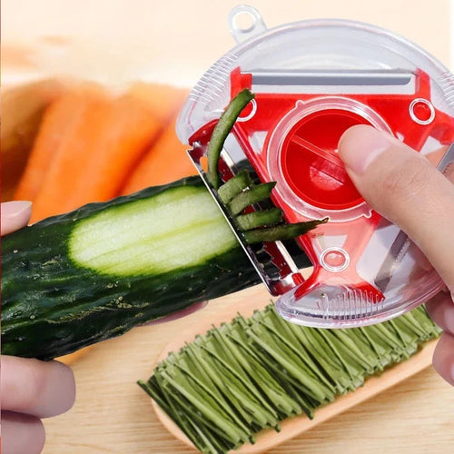 3-in-1 rotary vegetable peeler with rotating stainless blades, peeling zucchini ribbons