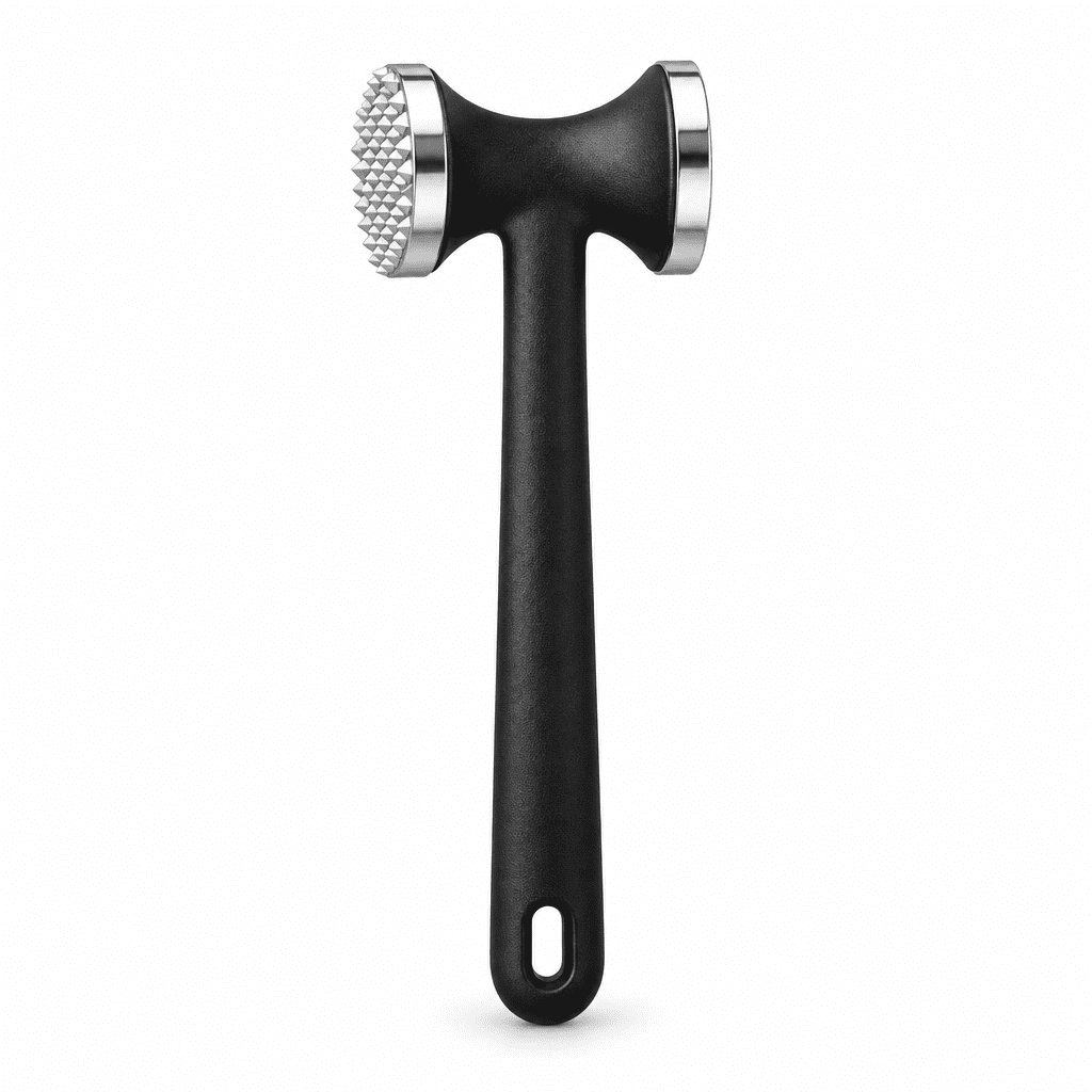 Single meat tenderizer mallet with black handle and ribbed silver head