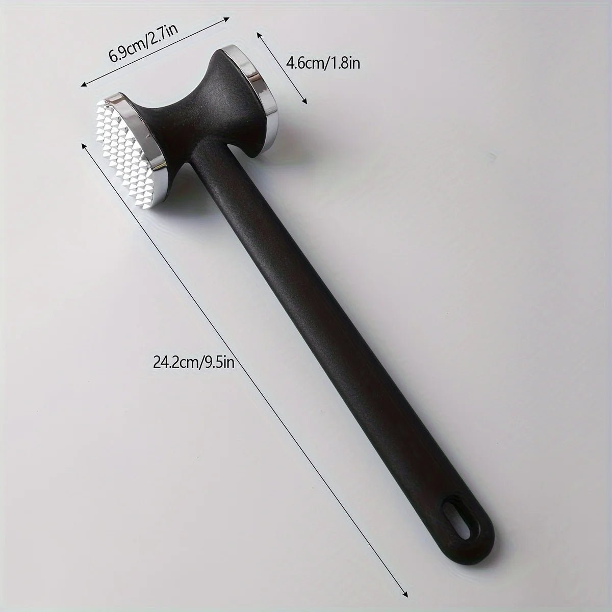 Meat tenderizer mallet with black handle and silver ribbed face