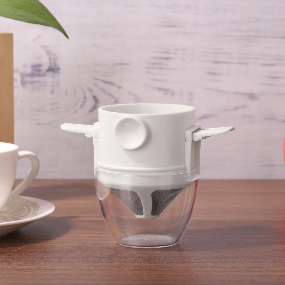 White foldable pour-over coffee dripper with built-in mesh funnel
