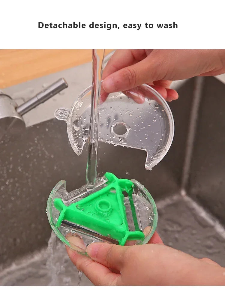 Detachable rotary vegetable peeler under running water with green blade insert, stainless steel
