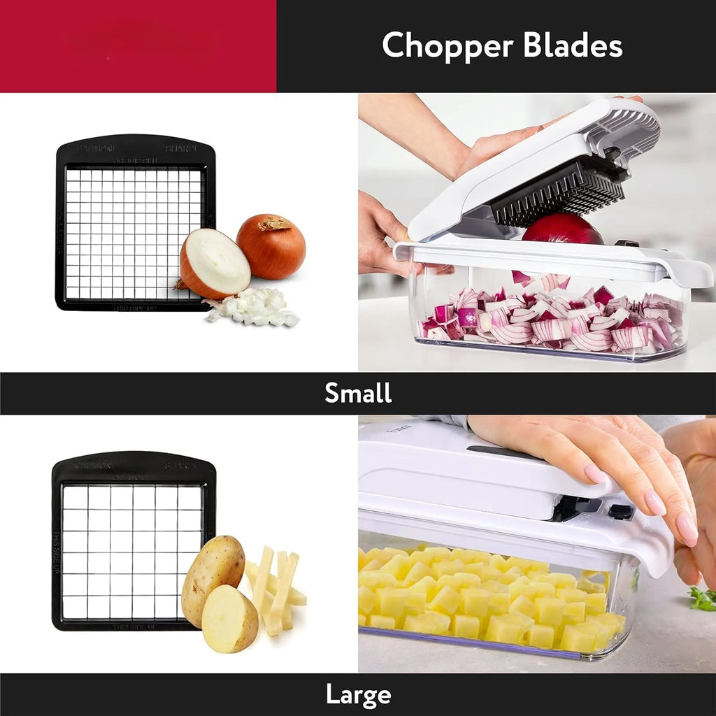 Vegetable chopper with clear container and interchangeable chopper blade inserts