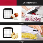 Vegetable chopper with clear container and interchangeable chopper blade inserts